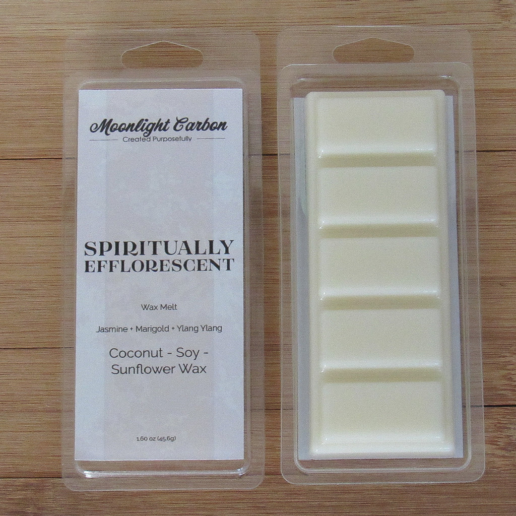 Wax melt packaging with 'Moonlight Garden' branding on a wooden surface. Also shows back of packaging with wax melts divided into 5 parts.