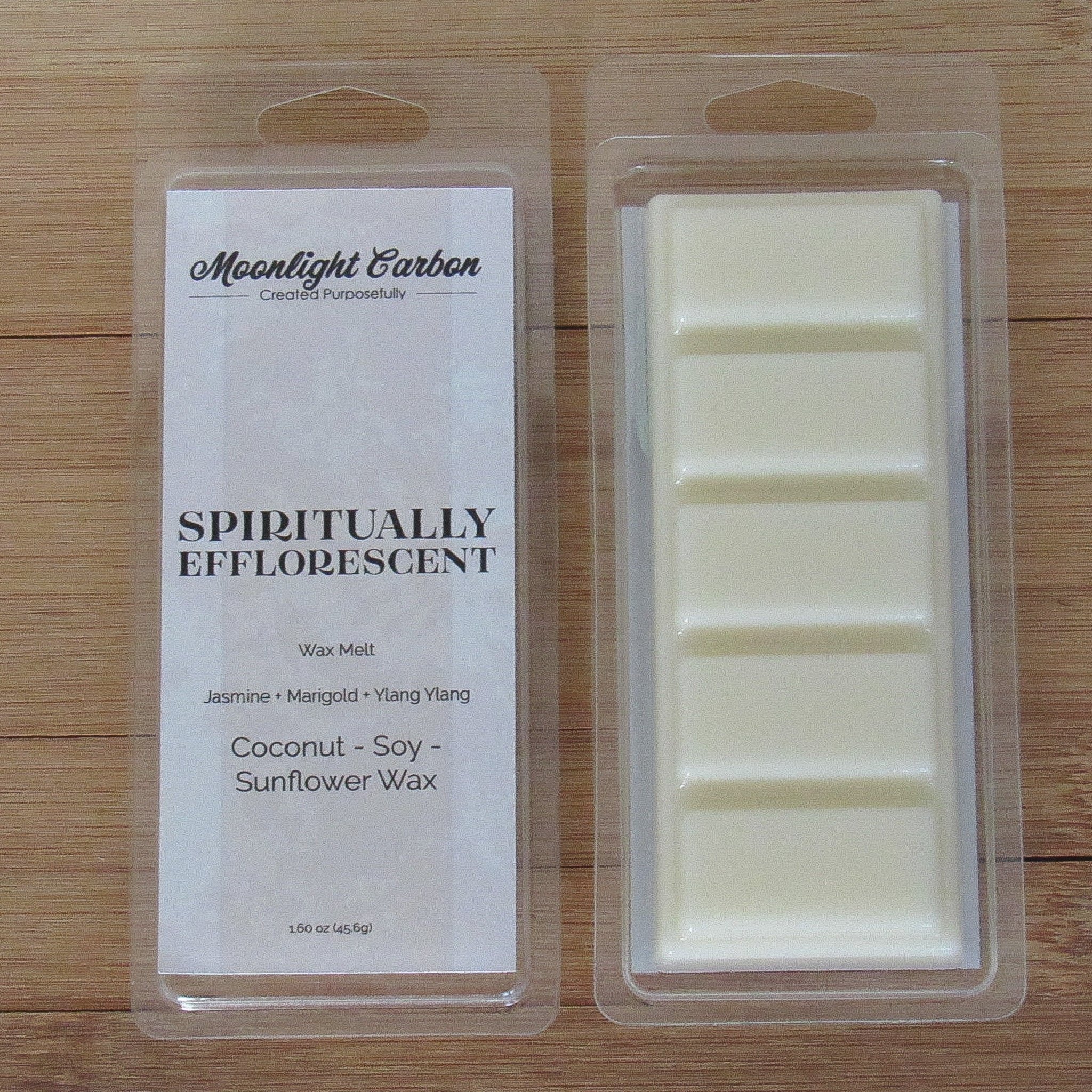 Wax melt packaging with 'Moonlight Garden' branding on a wooden surface. Also shows back of packaging with wax melts divided into 5 parts.